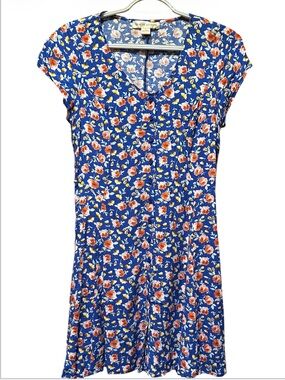 Band of Gypsies Blue Floral V-Neck Cap-Sleeve Dress